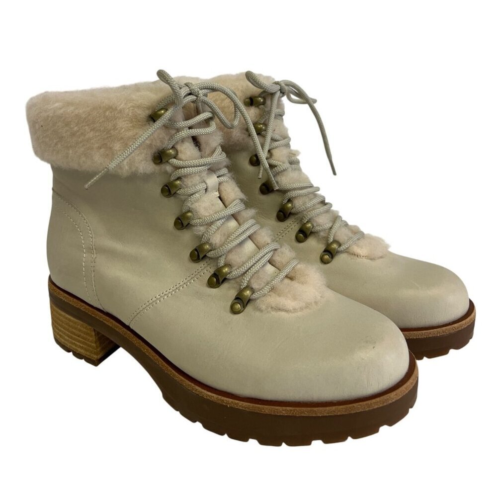 Kork Ease Winselt Women's Boots Combat Leather Off White Faux Fur Trim Size 8.5